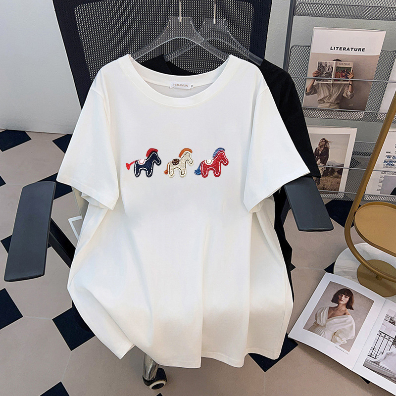 Embroidery Cotton Shirt - T-shirt brodé poney pour femme grande